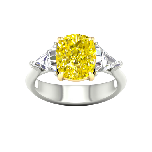 Top view of IGI Certified 4.0ct  VS+ Vivid Canary Yellow center lab grown diamond and .66 cttw of VS+ E-F diamond triangle side stones in a white and yellow gold setting.