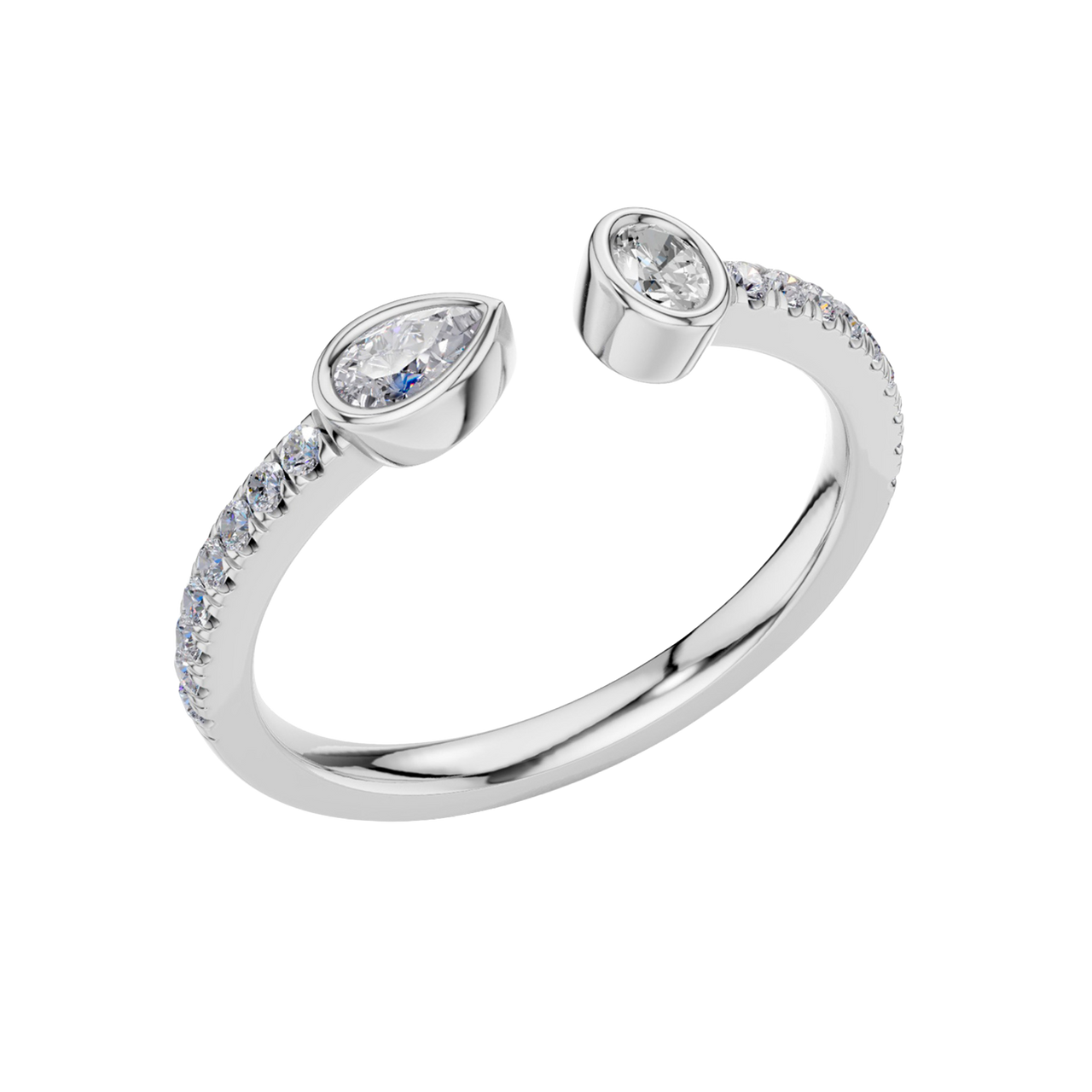 An angled view of a 14K white gold bypass ring, showcasing the pear-shaped diamond and the pavé band.