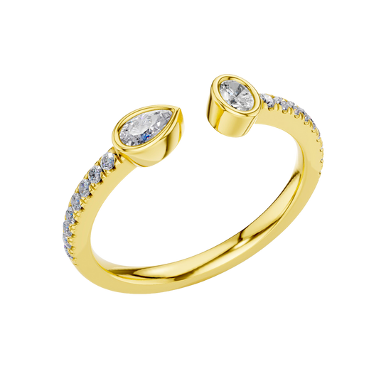 An angled view of a 14K yellow gold bypass ring, showcasing the pear-shaped diamond and the pavé band.