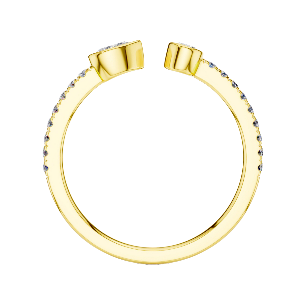 A side-profile view of a 14K yellow gold bypass ring, showing the fluid, entwined design.