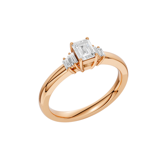 An angled view of a 14K rose gold ring, showcasing the brilliant arrangement of the jewels.
