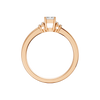 A front view of a 14K rose gold ring, featuring a central rectangular jewel flanked by two smaller round gems.