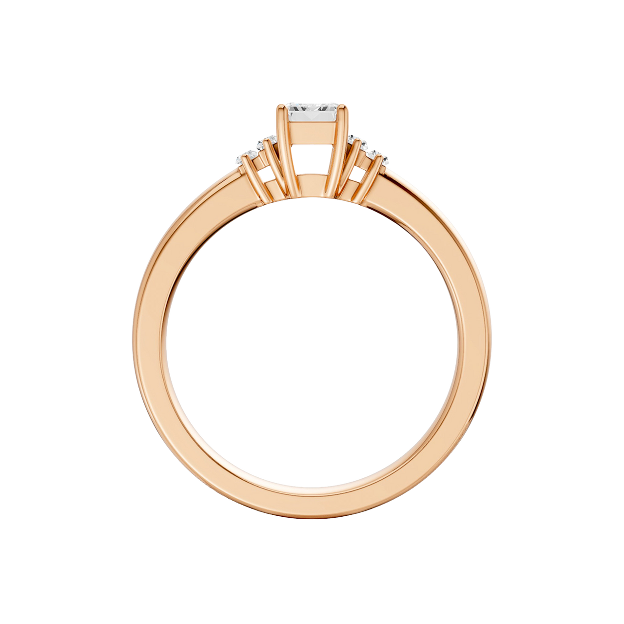 A front view of a 14K rose gold ring, featuring a central rectangular jewel flanked by two smaller round gems.