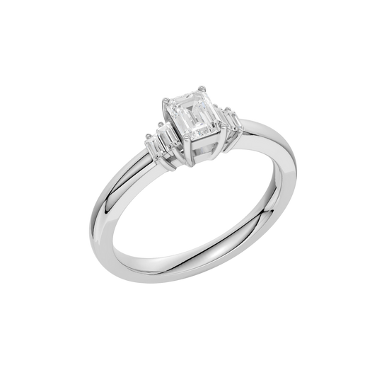 An angled view of a 14K white gold ring, showcasing the brilliant arrangement of the jewels.