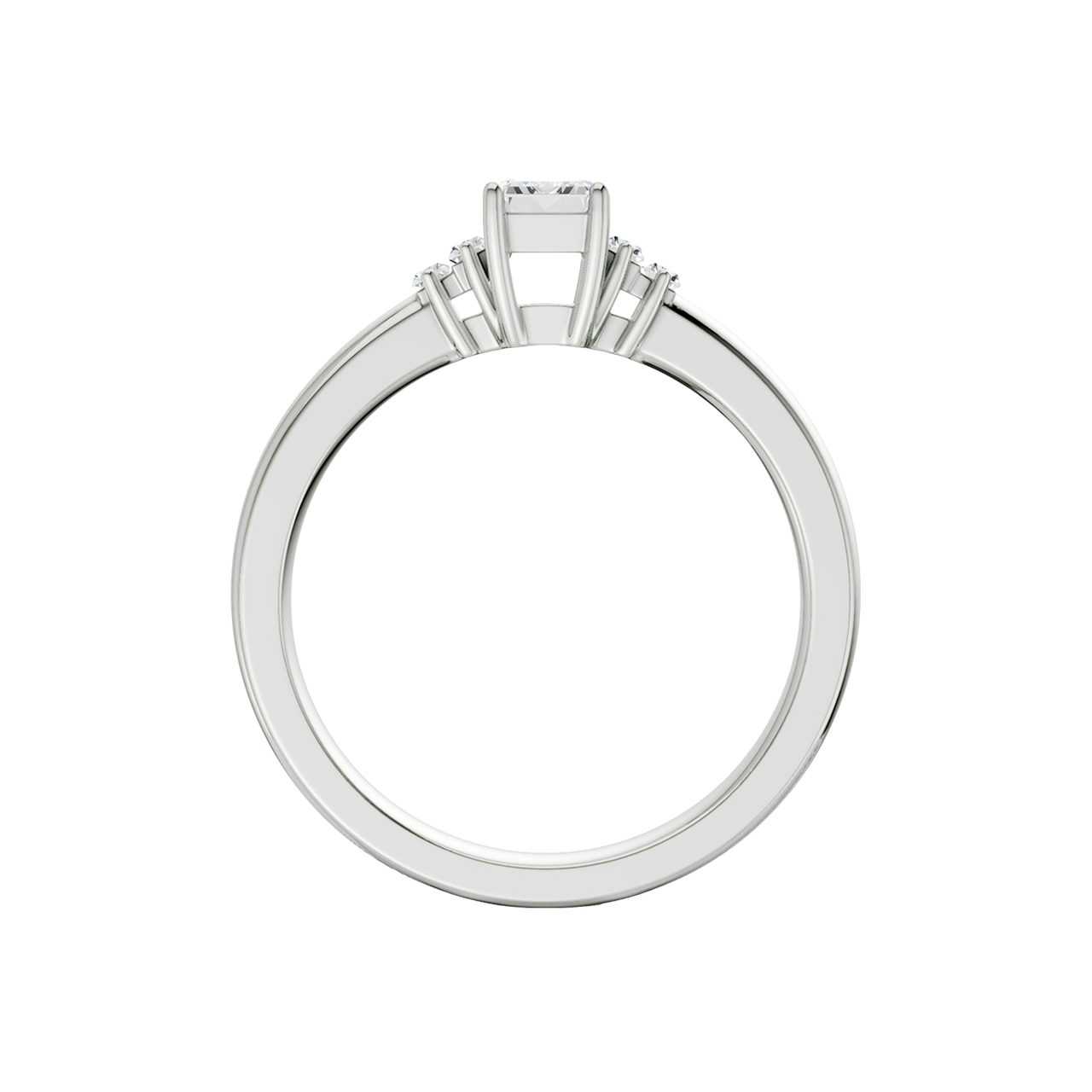 A front view of a 14K white gold ring, featuring a central rectangular jewel flanked by two smaller round gems.