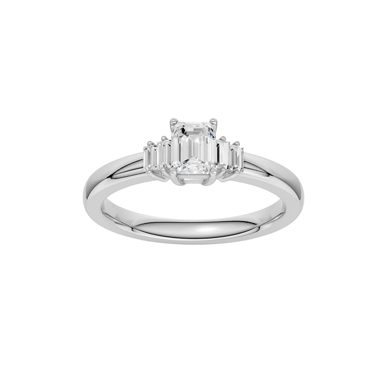 A top-down view of a 14K white gold ring with a central rectangular jewel and two smaller round gems on the sides.