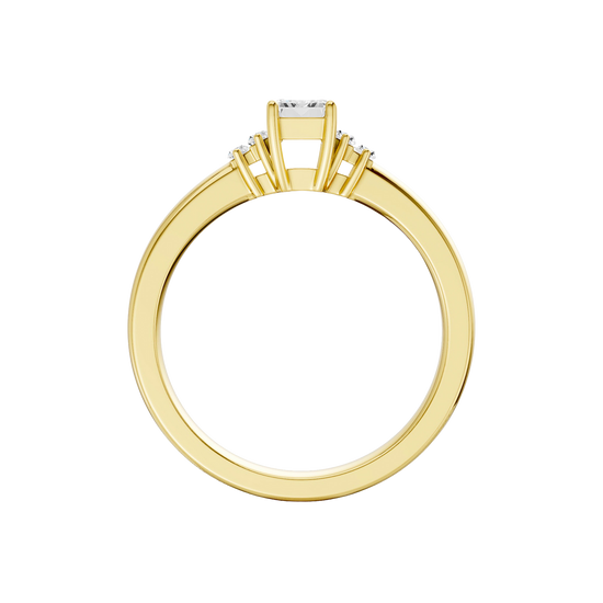 A front view of a 14K yellow gold ring, featuring a central rectangular jewel flanked by two smaller round gems.