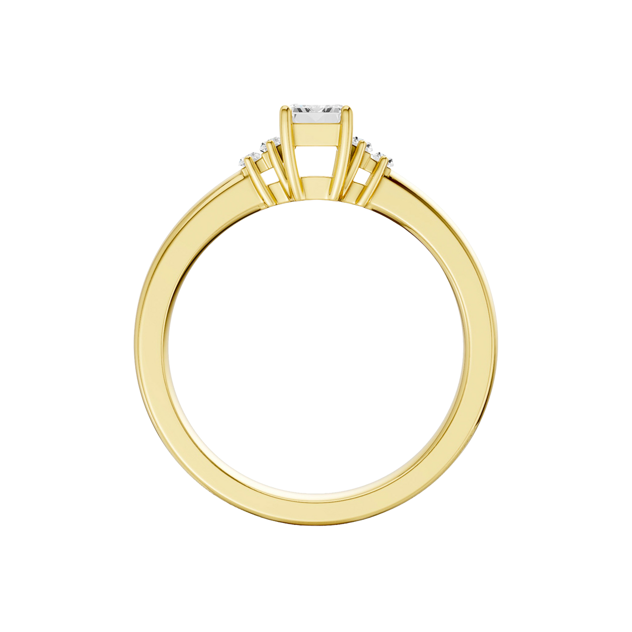 A front view of a 14K yellow gold ring, featuring a central rectangular jewel flanked by two smaller round gems.