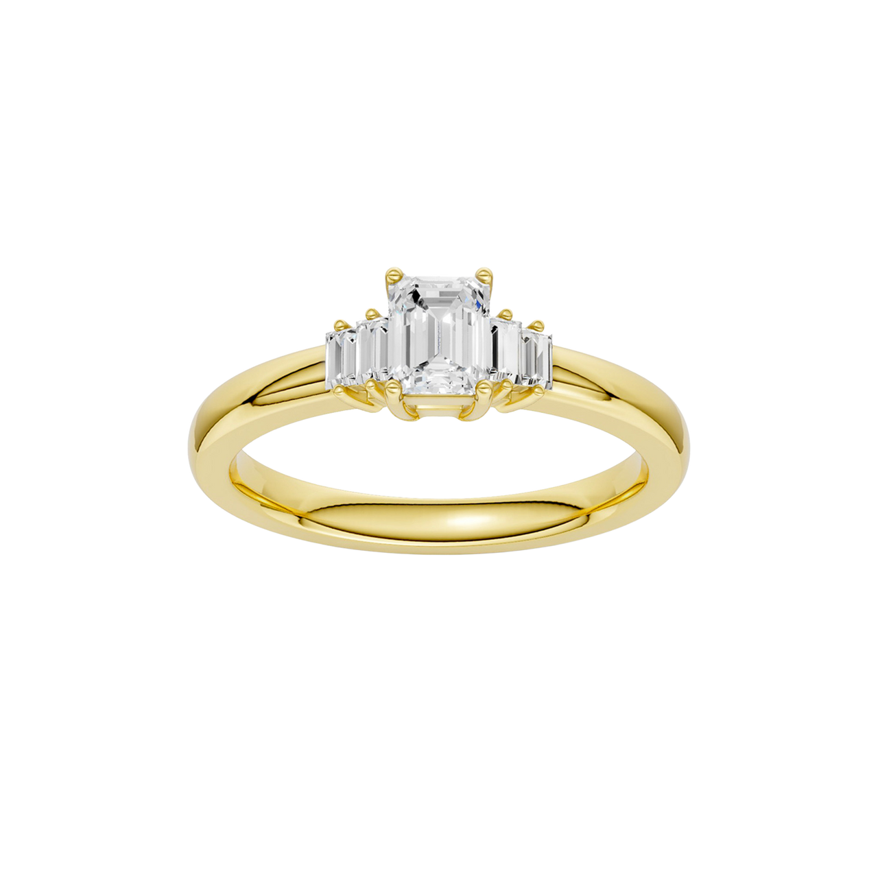 A top-down view of a 14K yellow gold ring with a central rectangular jewel and two smaller round gems on the sides.