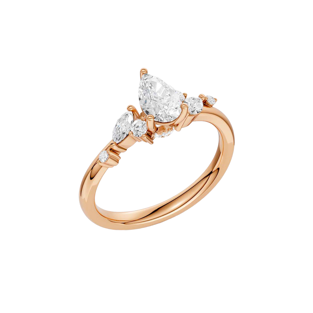 An angled view of a 14K rose gold ring, showcasing the brilliant arrangement of the jewels.