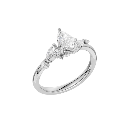 An angled view of a 14K white gold ring, showcasing the brilliant arrangement of the jewels.