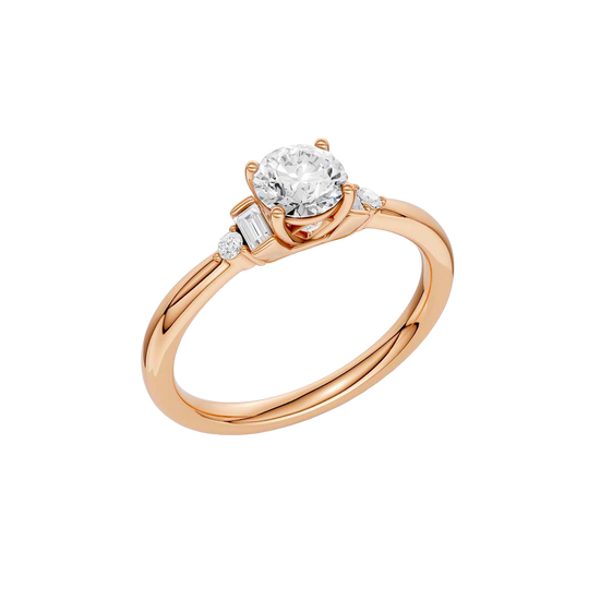 An angled view of a 14K rose gold ring, showcasing the brilliant arrangement of the jewels.