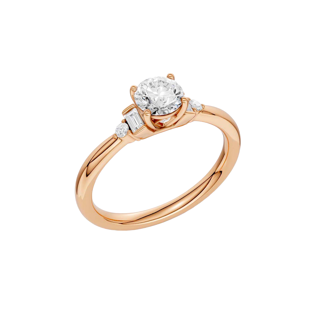 An angled view of a 14K rose gold ring, showcasing the brilliant arrangement of the jewels.