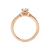 Front view of a 14K rose gold ring featuring a round center gemstone with two smaller round stones on each side.