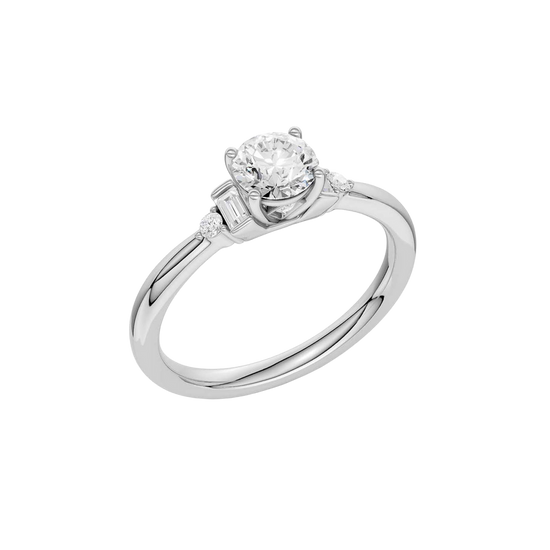An angled view of a 14K white gold ring, showcasing the brilliant arrangement of the jewels.