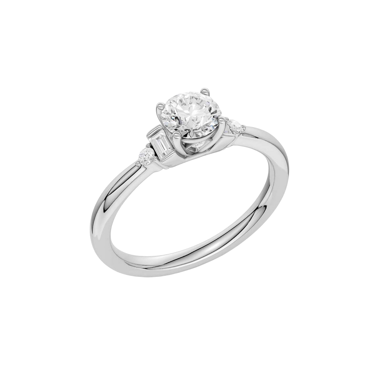 An angled view of a 14K white gold ring, showcasing the brilliant arrangement of the jewels.