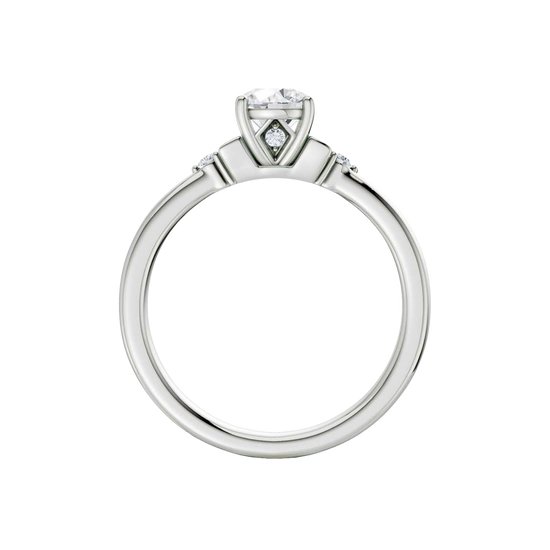 Front view of a 14K white gold ring featuring a round center gemstone with two smaller round stones on each side.