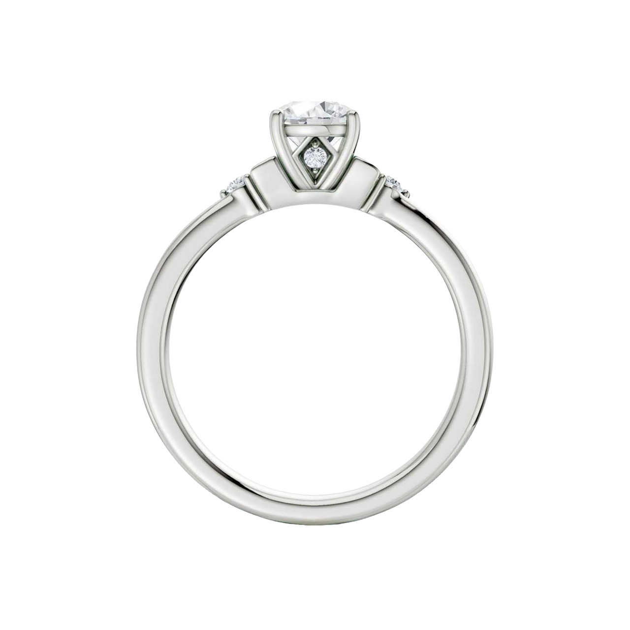 Front view of a 14K white gold ring featuring a round center gemstone with two smaller round stones on each side.