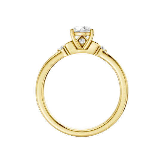 Front view of a 14K yellow gold ring featuring a round center gemstone with two smaller round stones on each side.