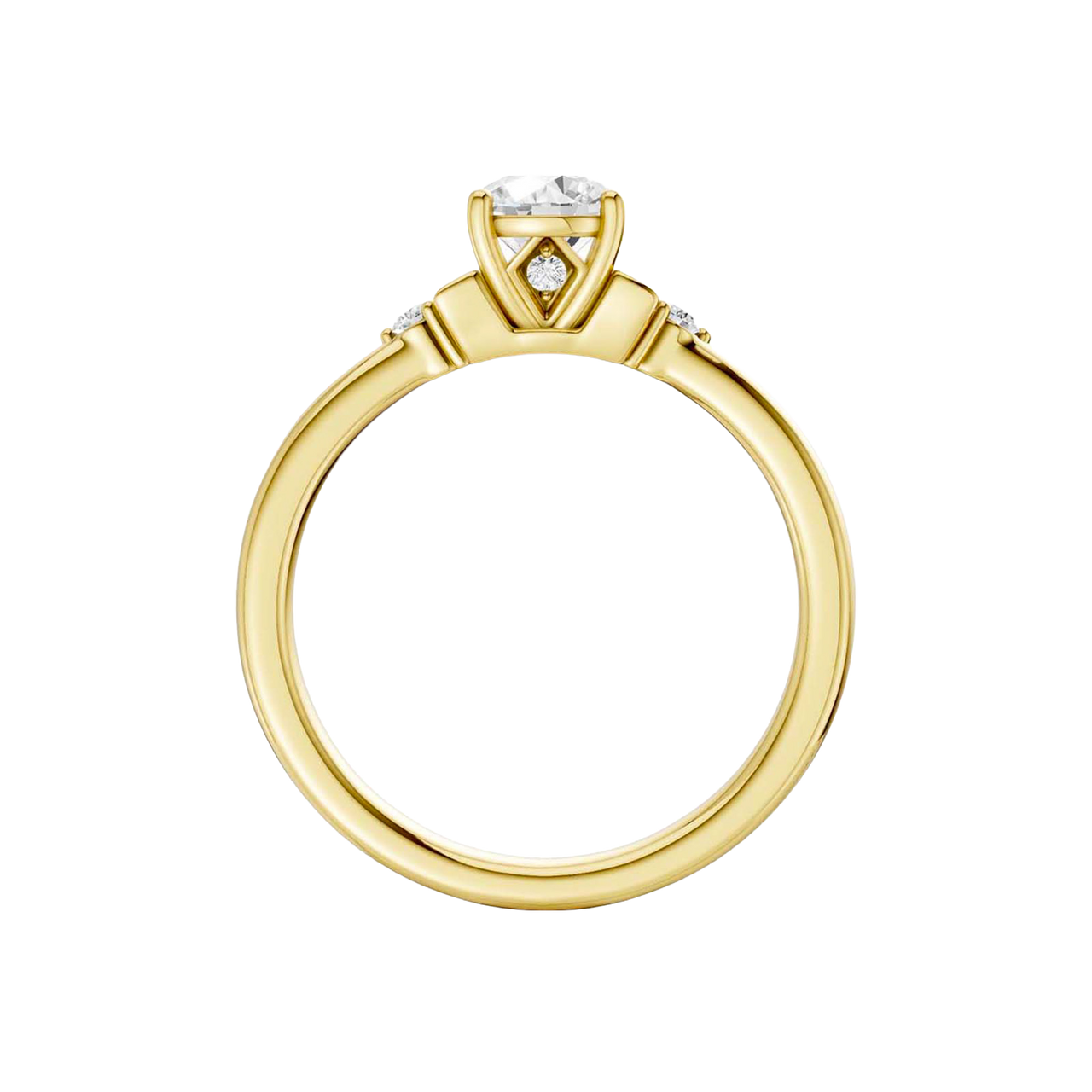 Front view of a 14K yellow gold ring featuring a round center gemstone with two smaller round stones on each side.