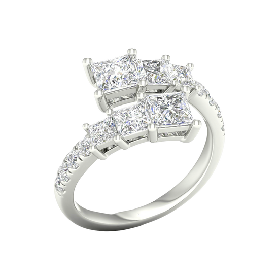 An angled view of a 14K white gold ring, showcasing the brilliant, architectural diamond cluster.