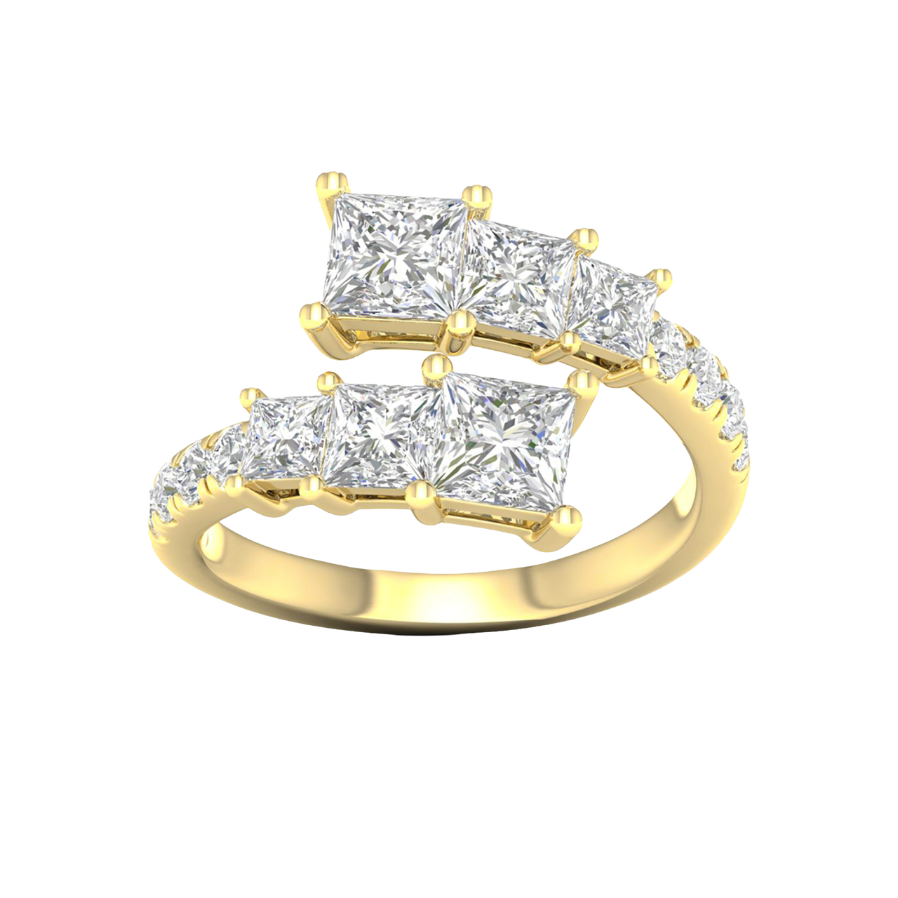 A top-down view of a 14K yellow gold ring with an asymmetrical cluster of princess-cut and baguette diamonds.
