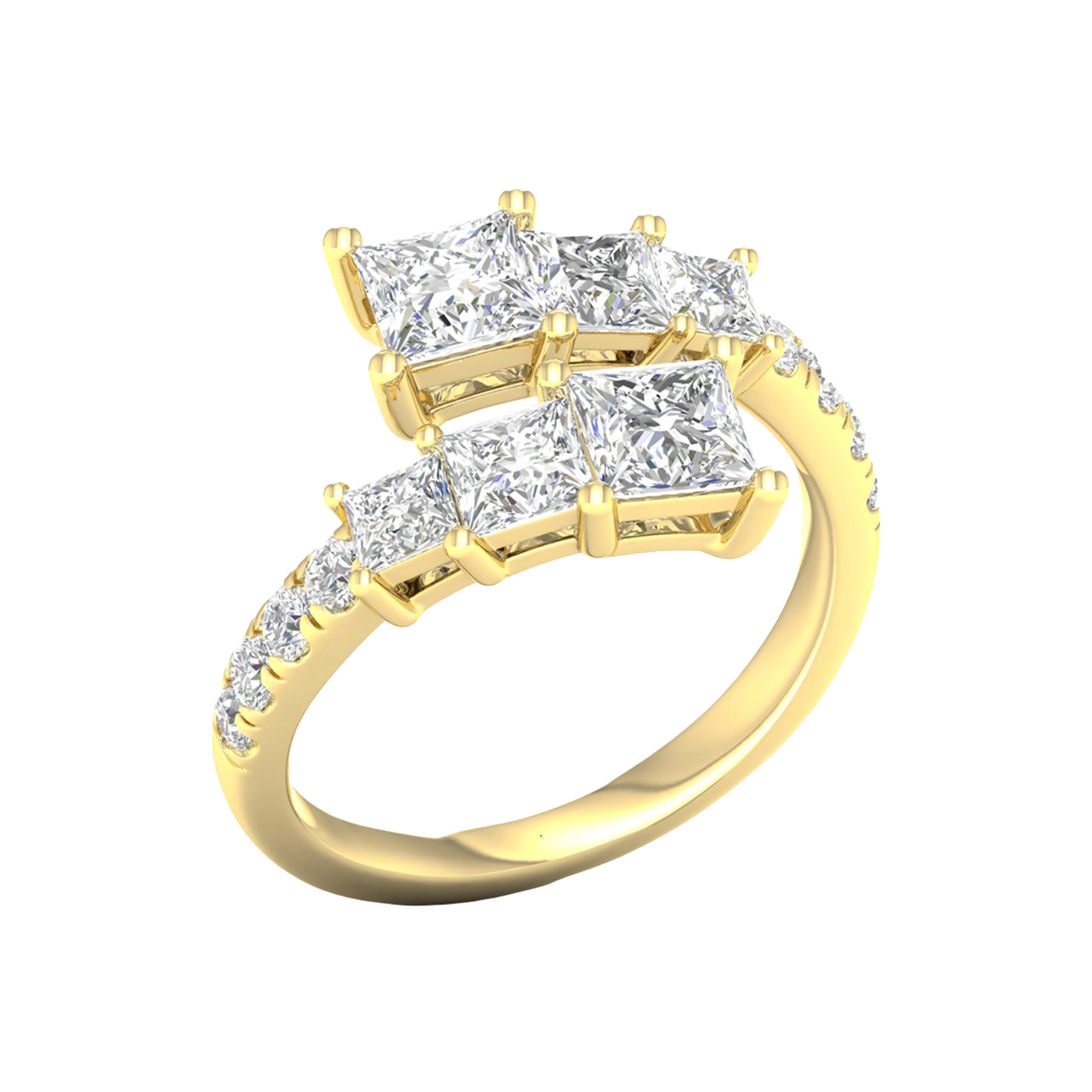 An angled view of a 14K yellow gold ring, showcasing the brilliant, architectural diamond cluster.