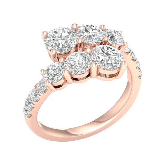 A three-quarter perspective of a 14K rose gold bypass ring showcasing a multi-stone cluster of round brilliant diamonds. The staggered diamond rows create a tiered, high-brilliance effect with a pavé-set gold band.