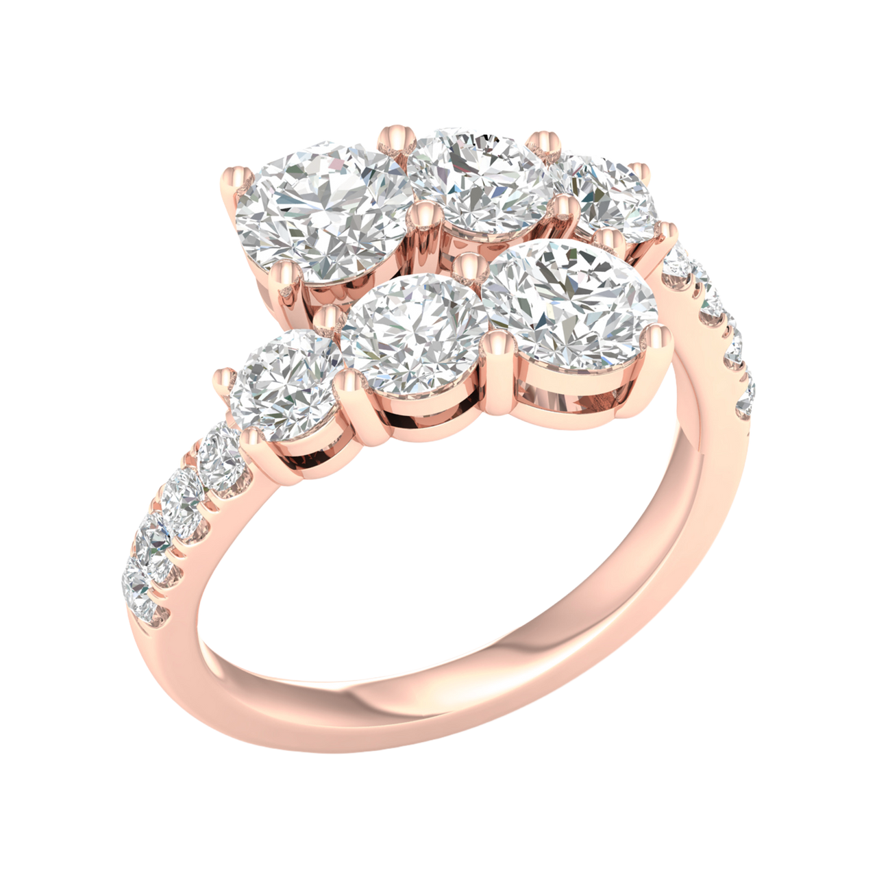 A three-quarter perspective of a 14K rose gold bypass ring showcasing a multi-stone cluster of round brilliant diamonds. The staggered diamond rows create a tiered, high-brilliance effect with a pavé-set gold band.