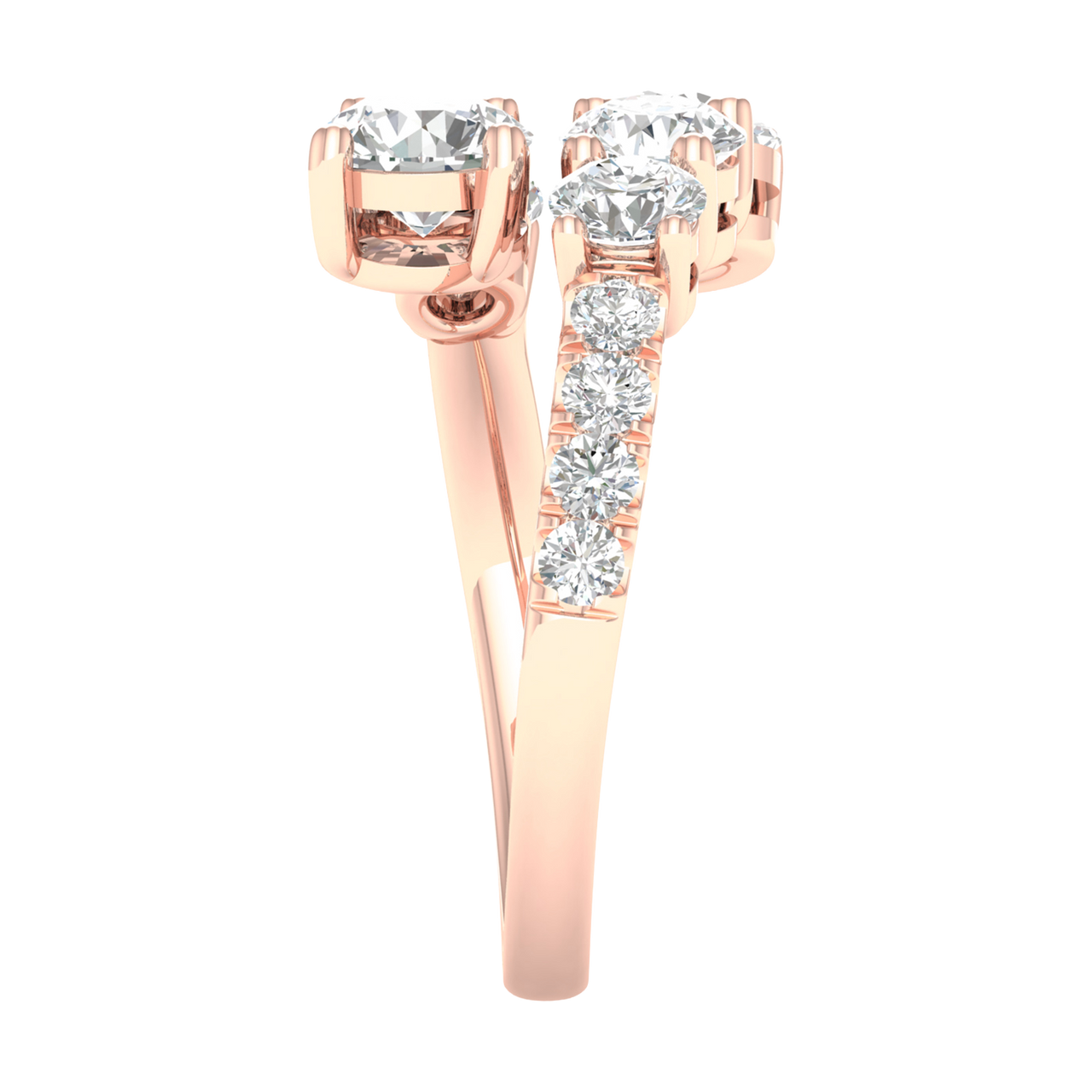 Side view of a rose gold bypass ring demonstrating the unique "floating" architecture of the diamond clusters. The image shows the polished interior of the 14K gold shank and the precision pavé detailing along the shoulder.