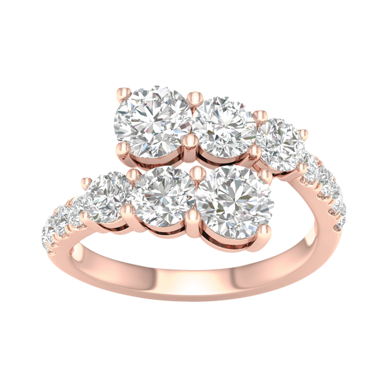 Top-down view of the Amorati bypass diamond ring in 14K rose gold, featuring two parallel rows of shimmering round-cut lab diamonds that overlap in a modern, asymmetrical open-wrap design.