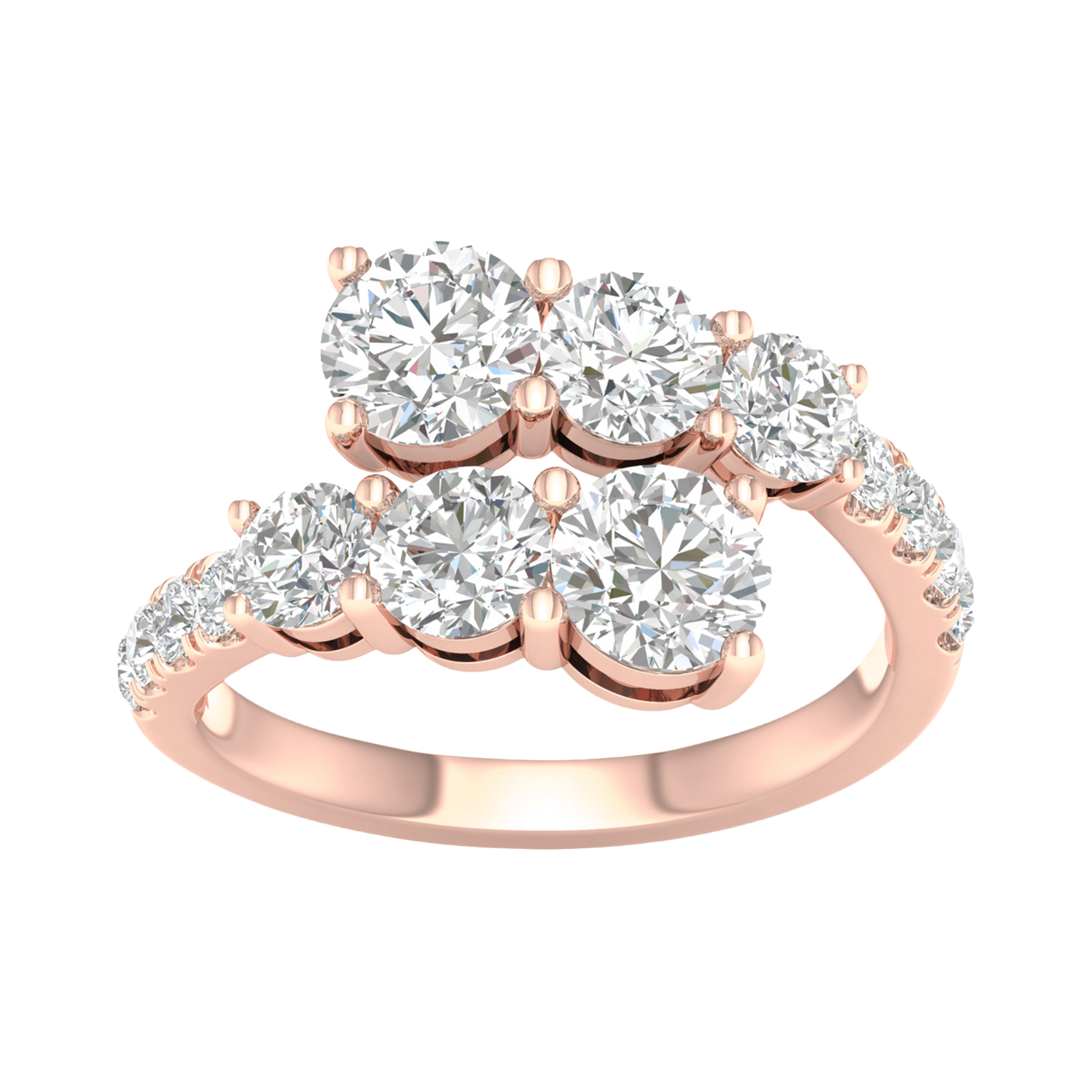 Top-down view of the Amorati bypass diamond ring in 14K rose gold, featuring two parallel rows of shimmering round-cut lab diamonds that overlap in a modern, asymmetrical open-wrap design.