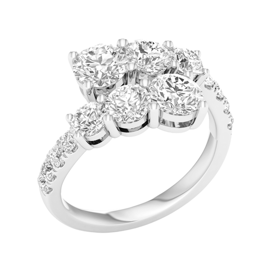A three-quarter perspective of a 14K white gold bypass ring showcasing a multi-stone cluster of round brilliant diamonds. The staggered diamond rows create a tiered, high-brilliance effect with a pavé-set gold band.