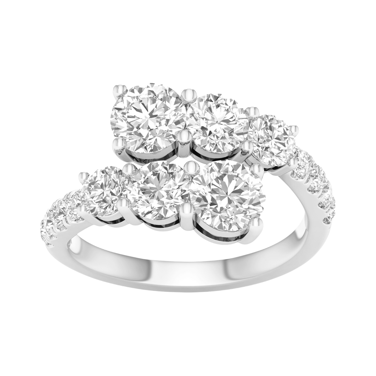 Top-down view of the Amorati bypass diamond ring in 14K white gold, featuring two parallel rows of shimmering round-cut lab diamonds that overlap in a modern, asymmetrical open-wrap design.
