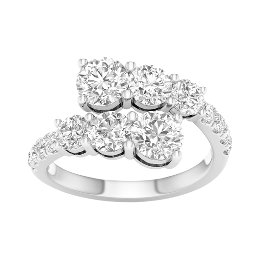 Top-down view of the Amorati bypass diamond ring in 14K white gold, featuring two parallel rows of shimmering round-cut lab diamonds that overlap in a modern, asymmetrical open-wrap design.