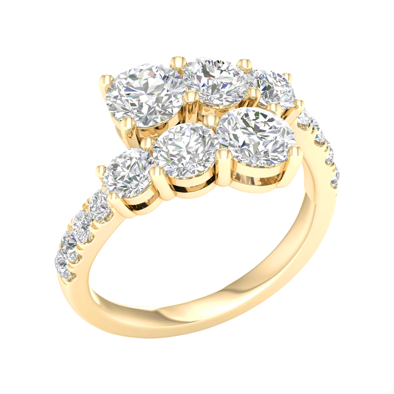 A three-quarter perspective of a 14K yellow gold bypass ring showcasing a multi-stone cluster of round brilliant diamonds. The staggered diamond rows create a tiered, high-brilliance effect with a pavé-set gold band.