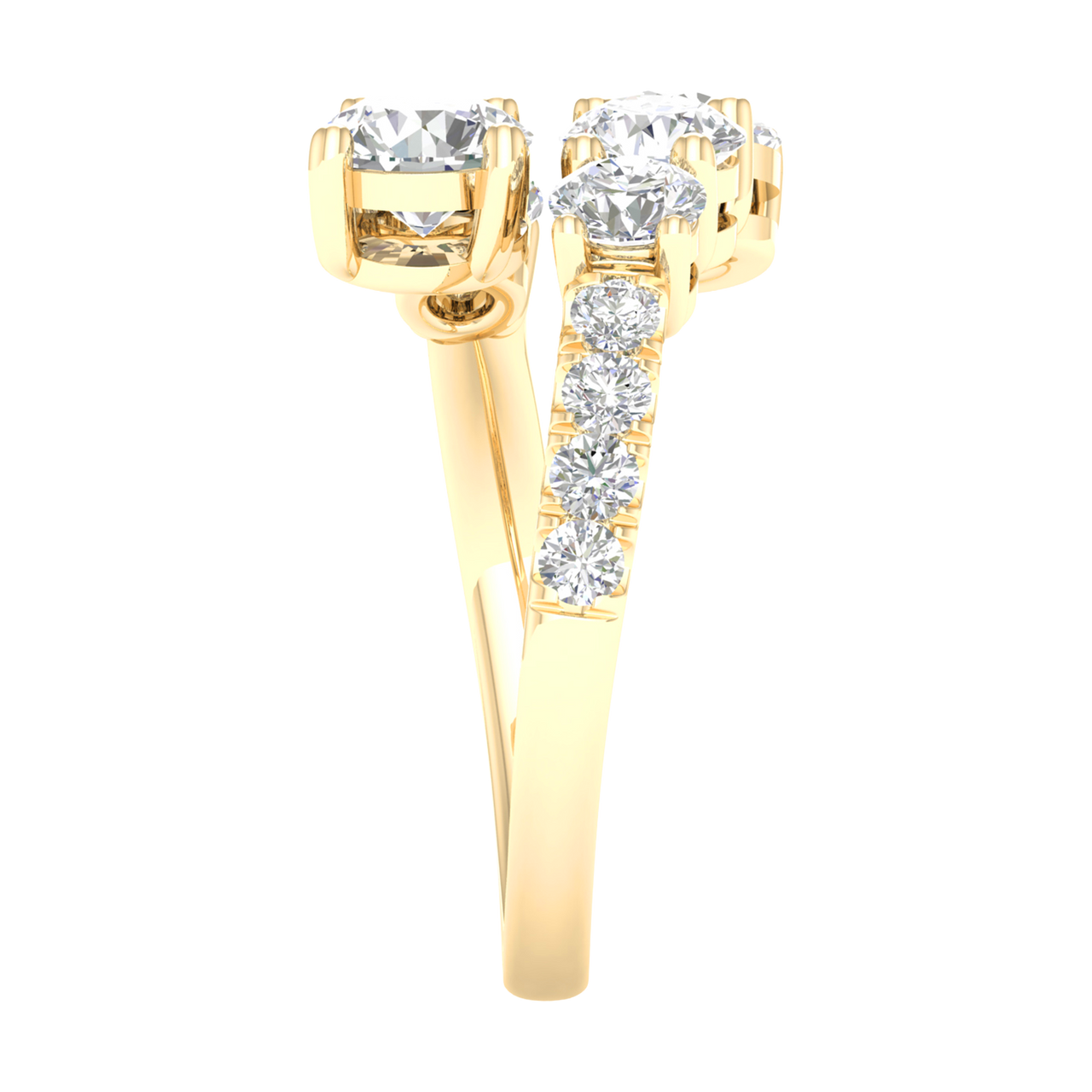Side view of a yellow gold bypass ring demonstrating the unique "floating" architecture of the diamond clusters. The image shows the polished interior of the 14K gold shank and the precision pavé detailing along the shoulder.