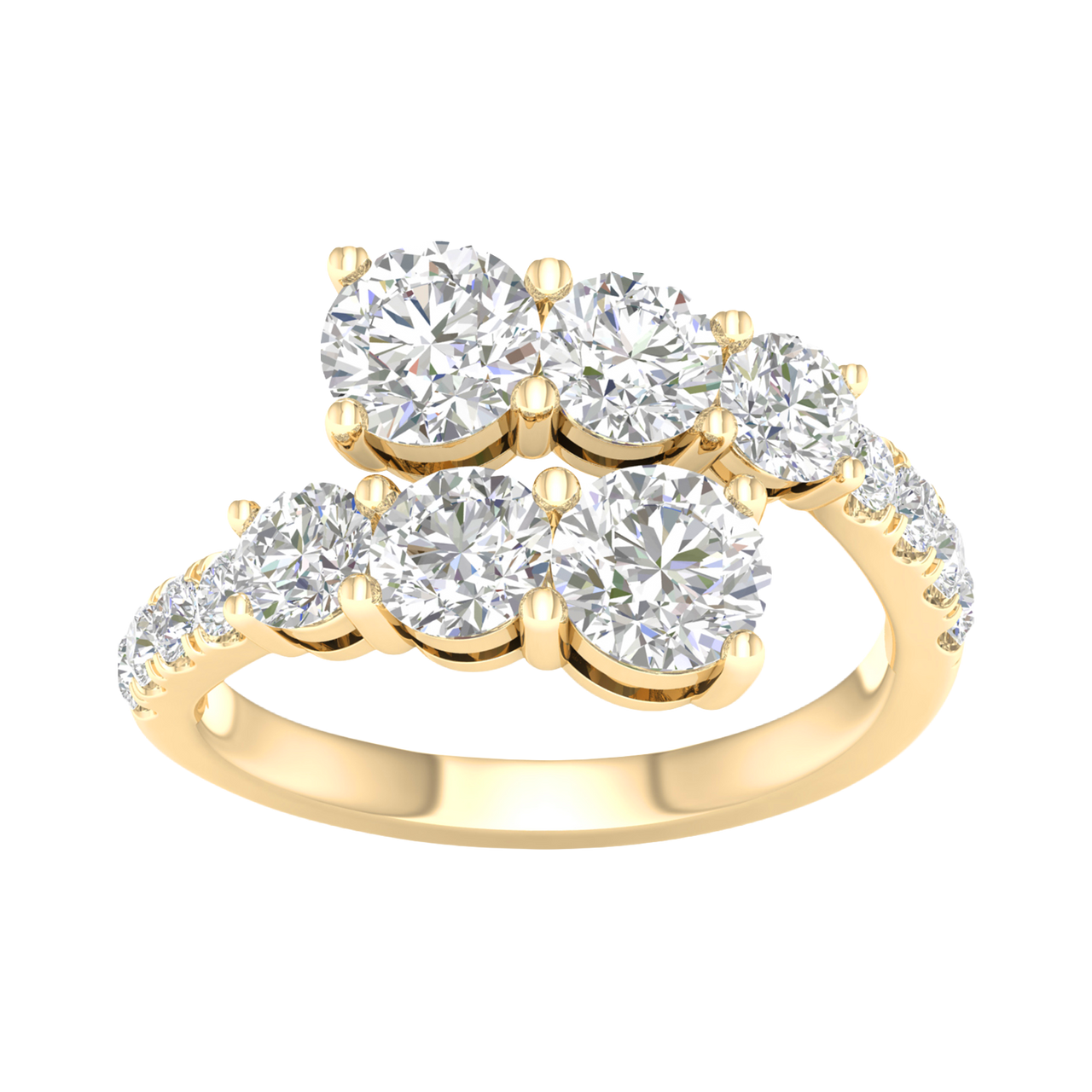 Top-down view of the Amorati bypass diamond ring in 14K yellow gold, featuring two parallel rows of shimmering round-cut lab diamonds that overlap in a modern, asymmetrical open-wrap design.