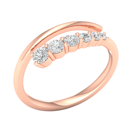 An angled view of a 14K rose gold open-shank ring, showcasing the brilliant bezel-set diamonds in a swirling design.