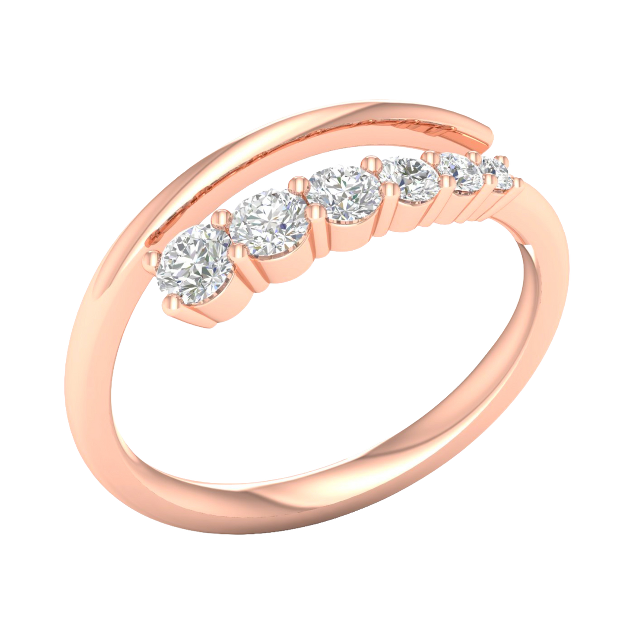 An angled view of a 14K rose gold open-shank ring, showcasing the brilliant bezel-set diamonds in a swirling design.