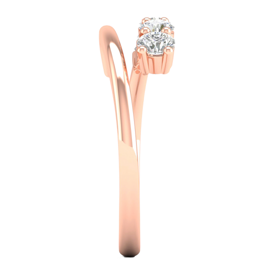 A side-profile view of a 14K rose gold open-shank ring, showing the fluid spiral and bezel-set diamonds.