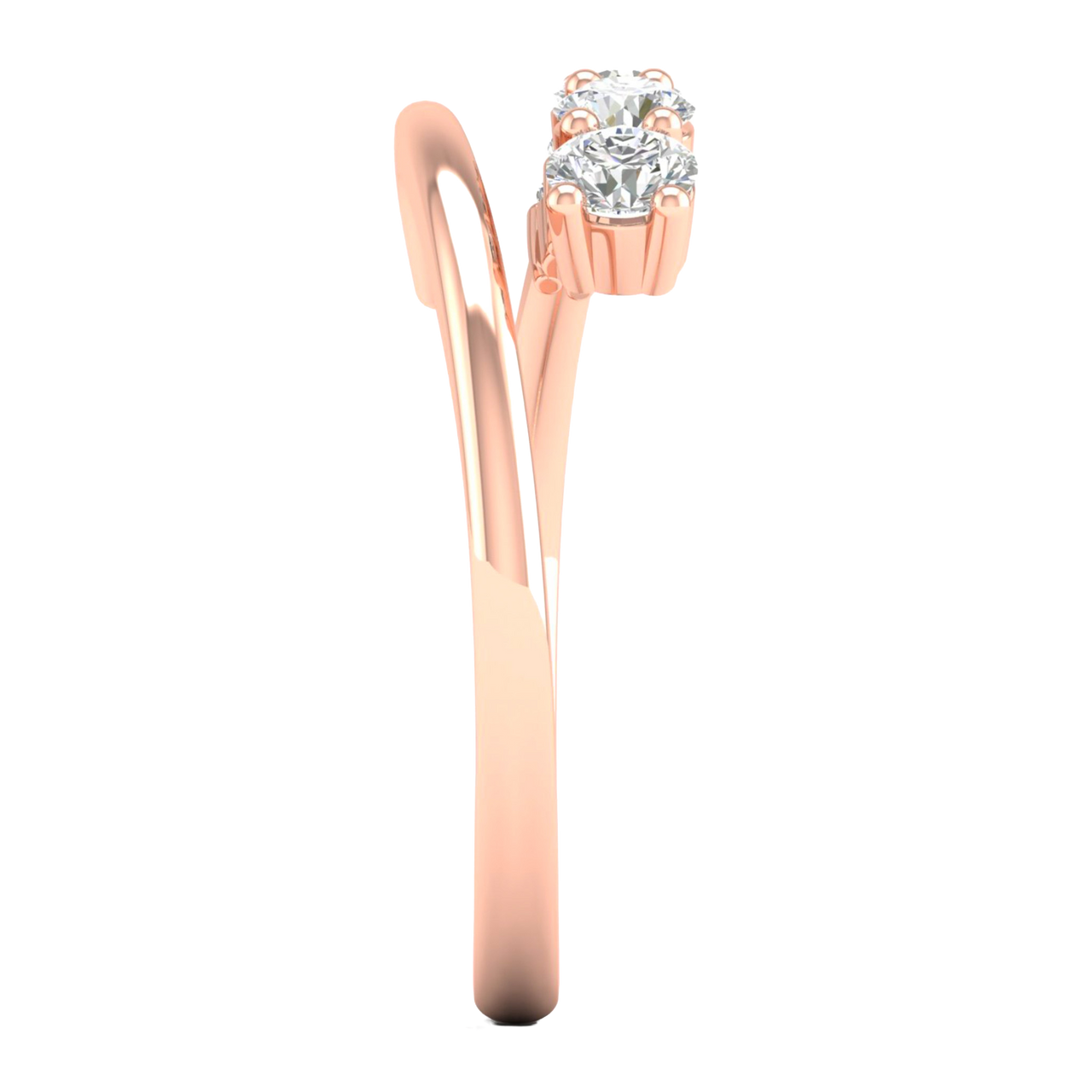 A side-profile view of a 14K rose gold open-shank ring, showing the fluid spiral and bezel-set diamonds.