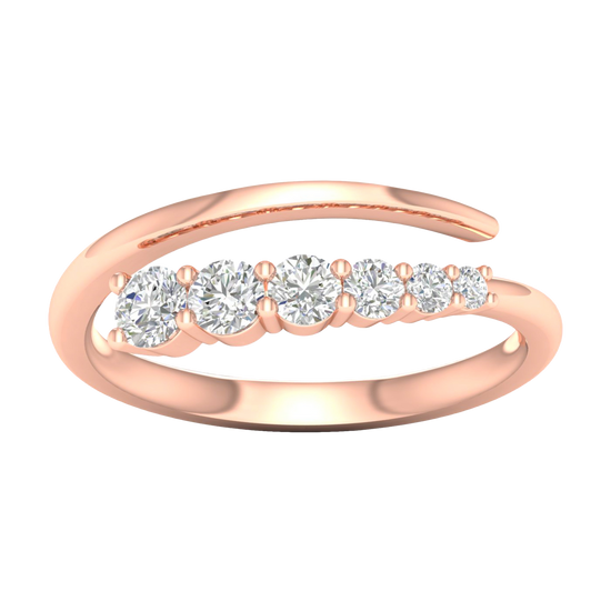 A top-down view of a 14K rose gold open-shank ring with a continuous spiral design and a line of bezel-set round diamonds.