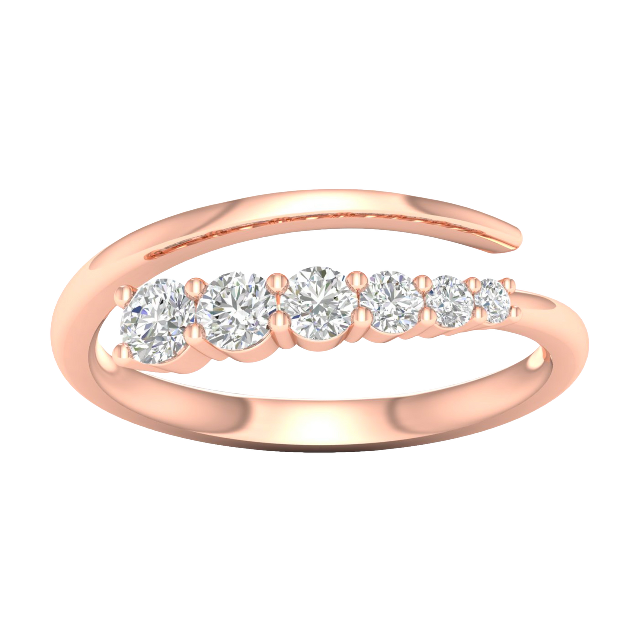 A top-down view of a 14K rose gold open-shank ring with a continuous spiral design and a line of bezel-set round diamonds.