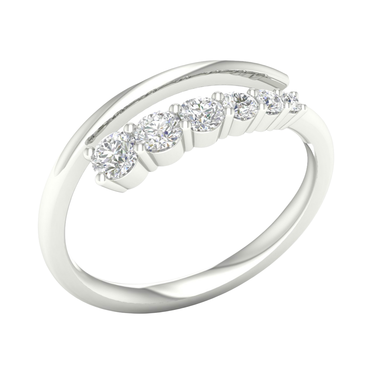 An angled view of a 14K white gold open-shank ring, showcasing the brilliant bezel-set diamonds in a swirling design.