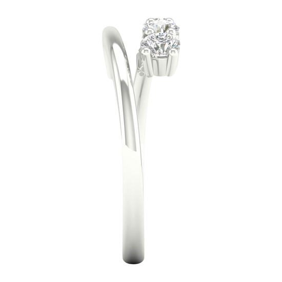 A side-profile view of a 14K white gold open-shank ring, showing the fluid spiral and bezel-set diamonds.