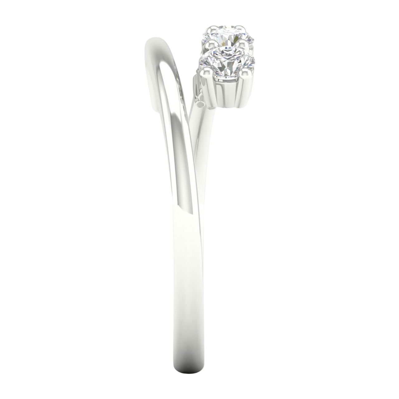 A side-profile view of a 14K white gold open-shank ring, showing the fluid spiral and bezel-set diamonds.