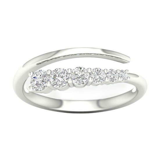 A top-down view of a 14K white gold open-shank ring with a continuous spiral design and a line of bezel-set round diamonds.