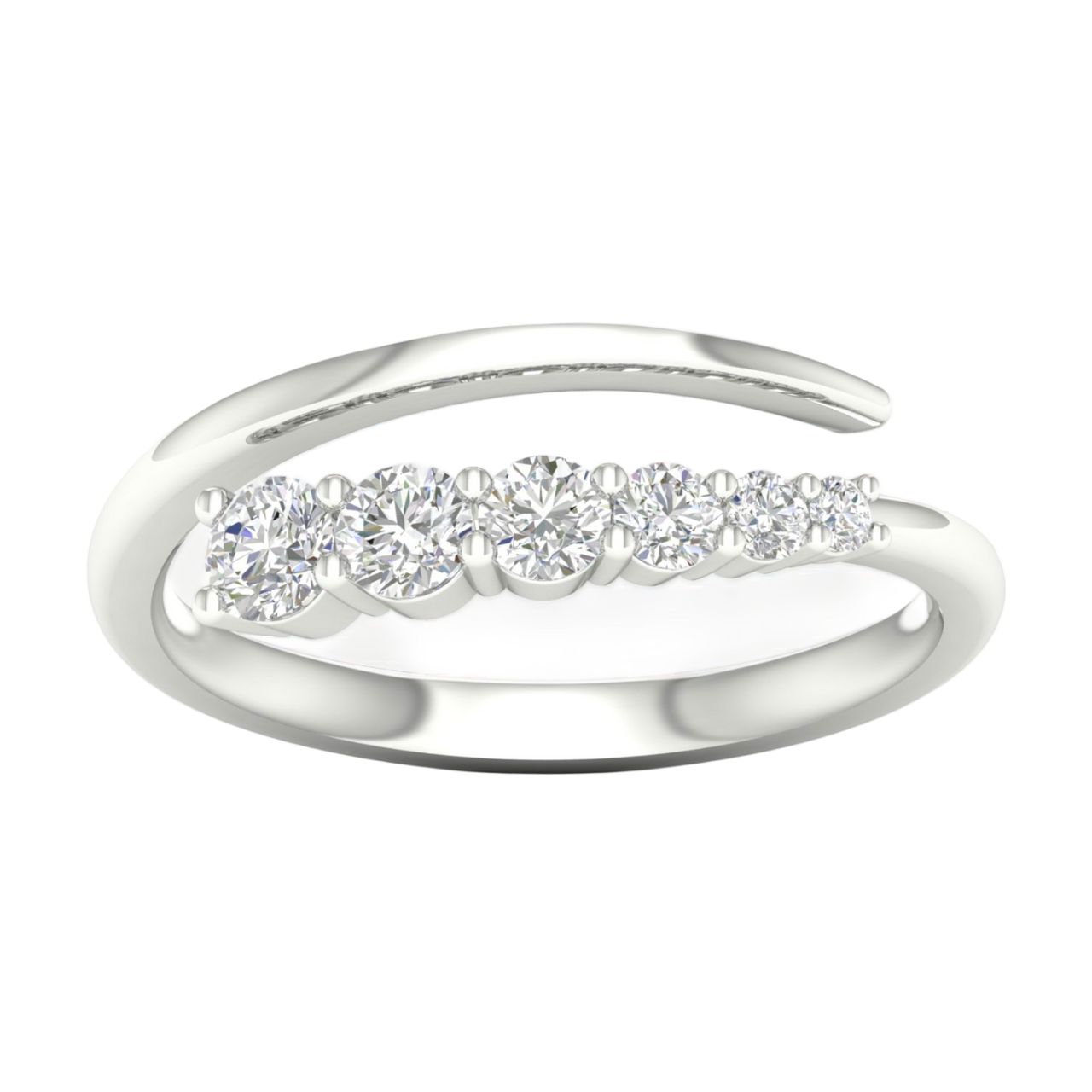 A top-down view of a 14K white gold open-shank ring with a continuous spiral design and a line of bezel-set round diamonds.