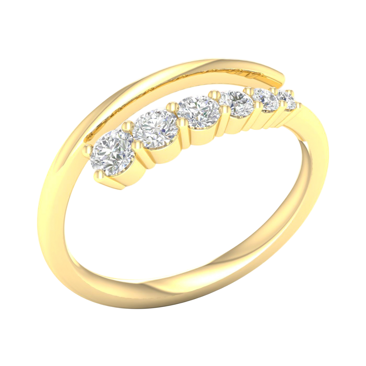 An angled view of a 14K yellow gold open-shank ring, showcasing the brilliant bezel-set diamonds in a swirling design.